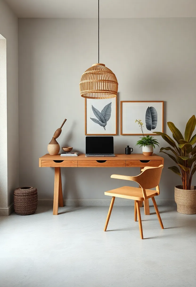 A serene home office with a wall-mounted‌ desk in distressed oak, enhanced by a woven seagrass pendant​ light ⁢and ⁣minimal monochrome prints