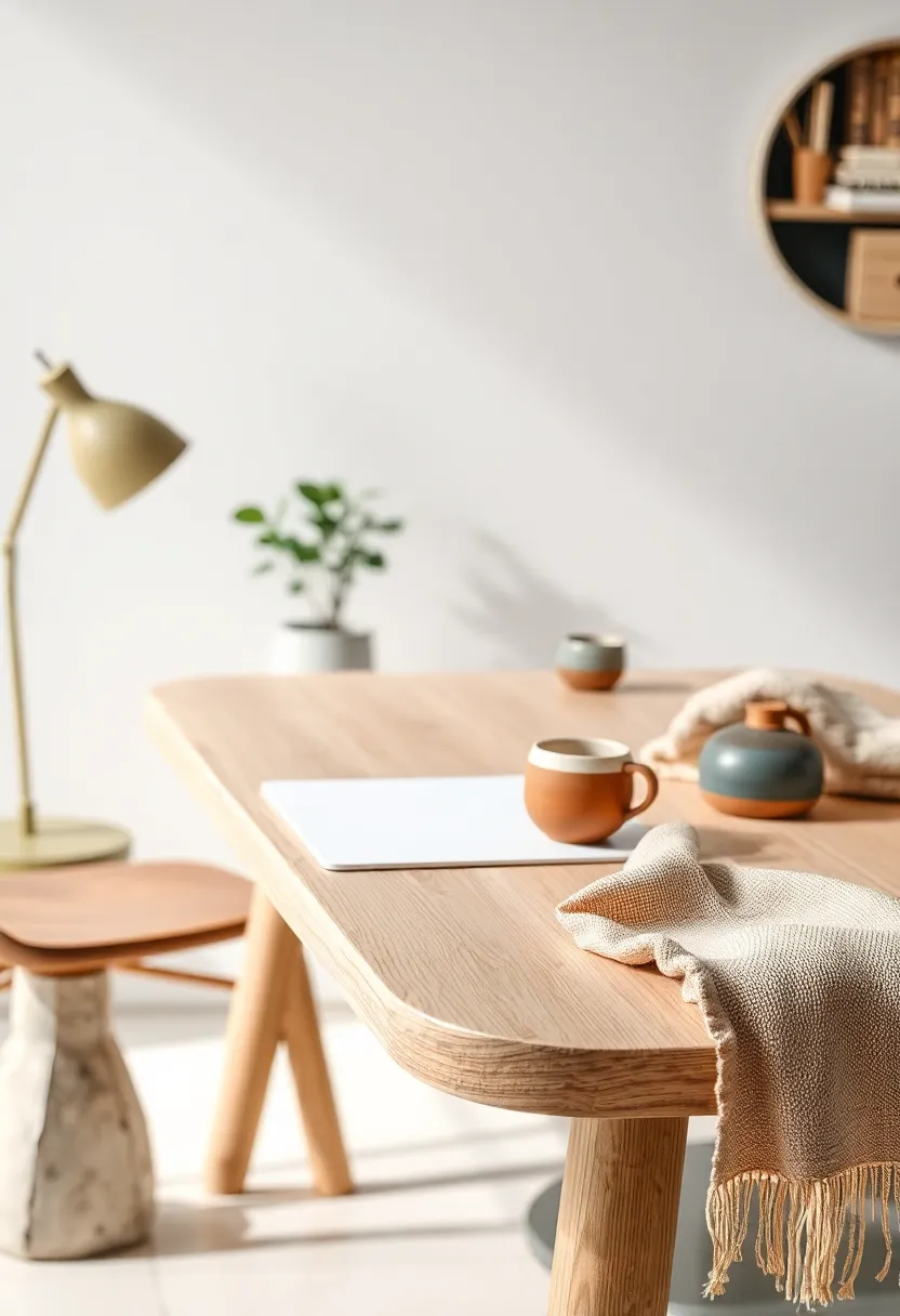 A serene workspace embracing ‌smooth, rounded edges on a light beech ‌desk, coupled with ⁣a hand-thrown pottery mug⁤ and a delicate linen throw