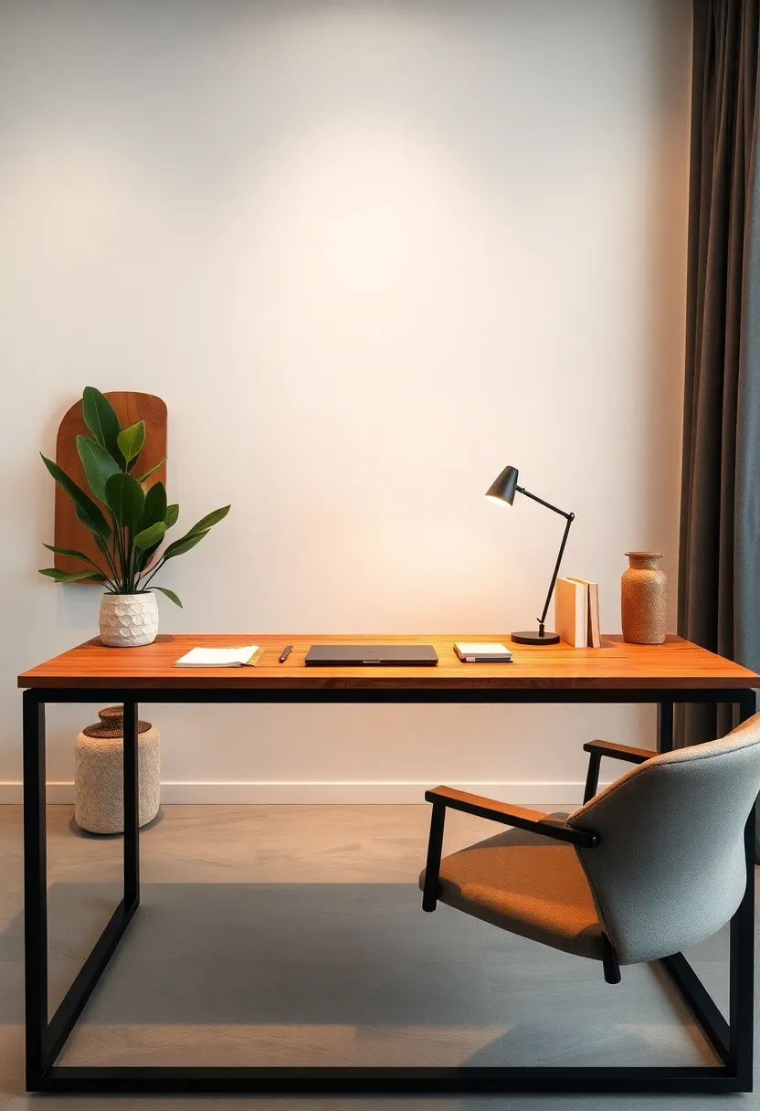 A sleek black metal frame desk with warm timber surfaces, matched with⁢ minimalist task lighting and a handcrafted paper organizer