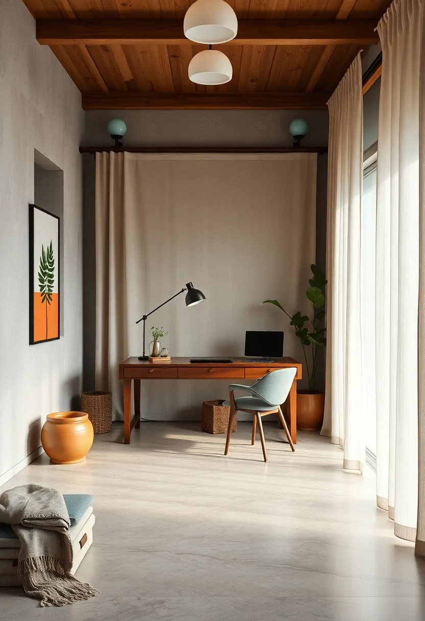 A streamlined workspace incorporating ​a warm walnut desk,soft linen curtains,and⁤ a simple shoji screen to create a serene backdrop