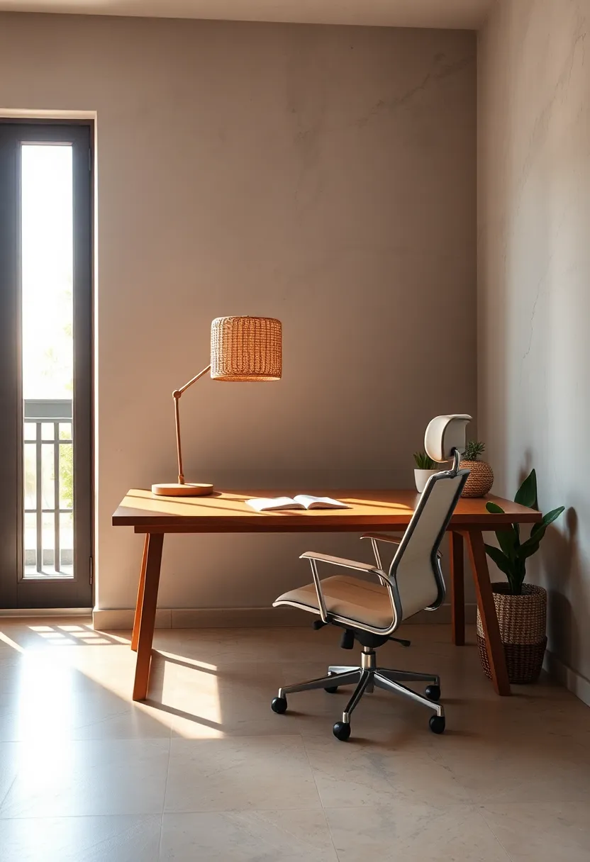 A sunlit corner featuring a low wooden desk paired with a sleek ergonomic chair, accented by a woven rattan lamp and subtle greenery