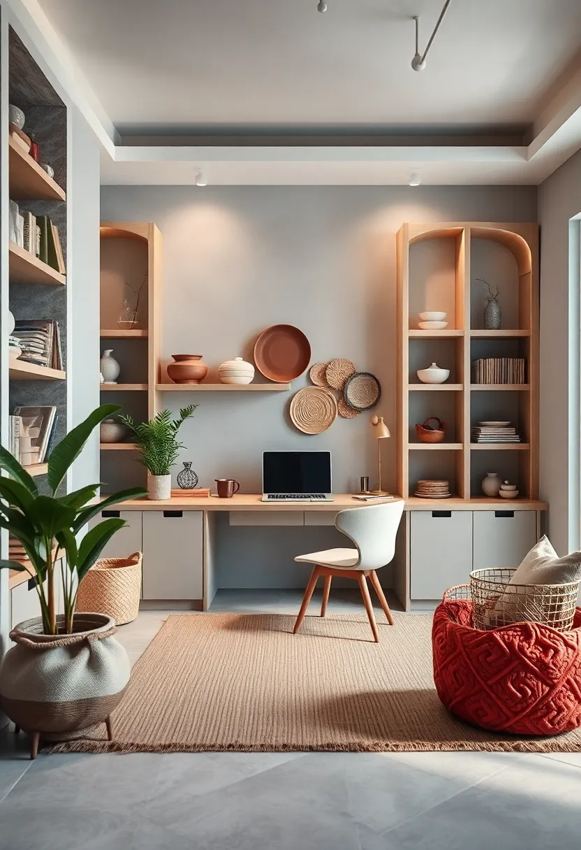 A workspace with built-in shelving alcoves, featuring handcrafted⁤ neutral-toned ceramics, organic cotton storage‌ bins,​ and a soft jute rug