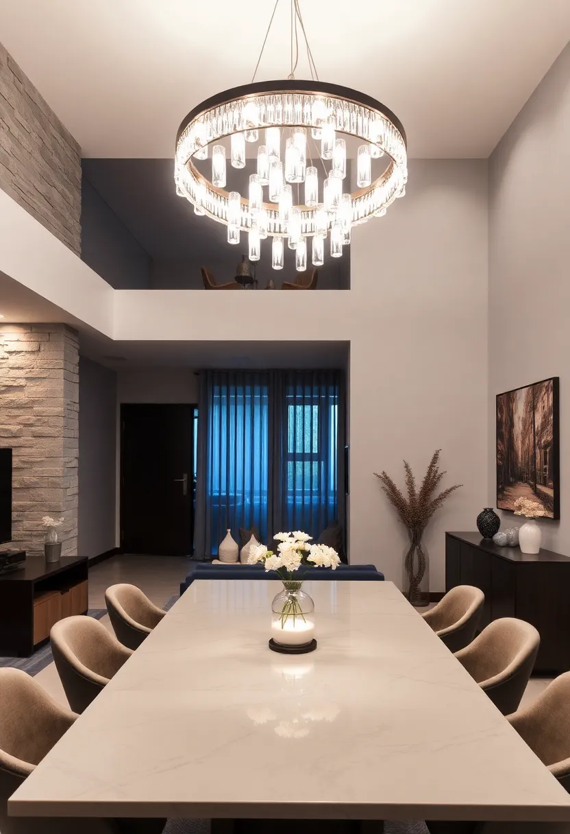Install a statement LED chandelier to serve as a captivating centerpiece above your dining table