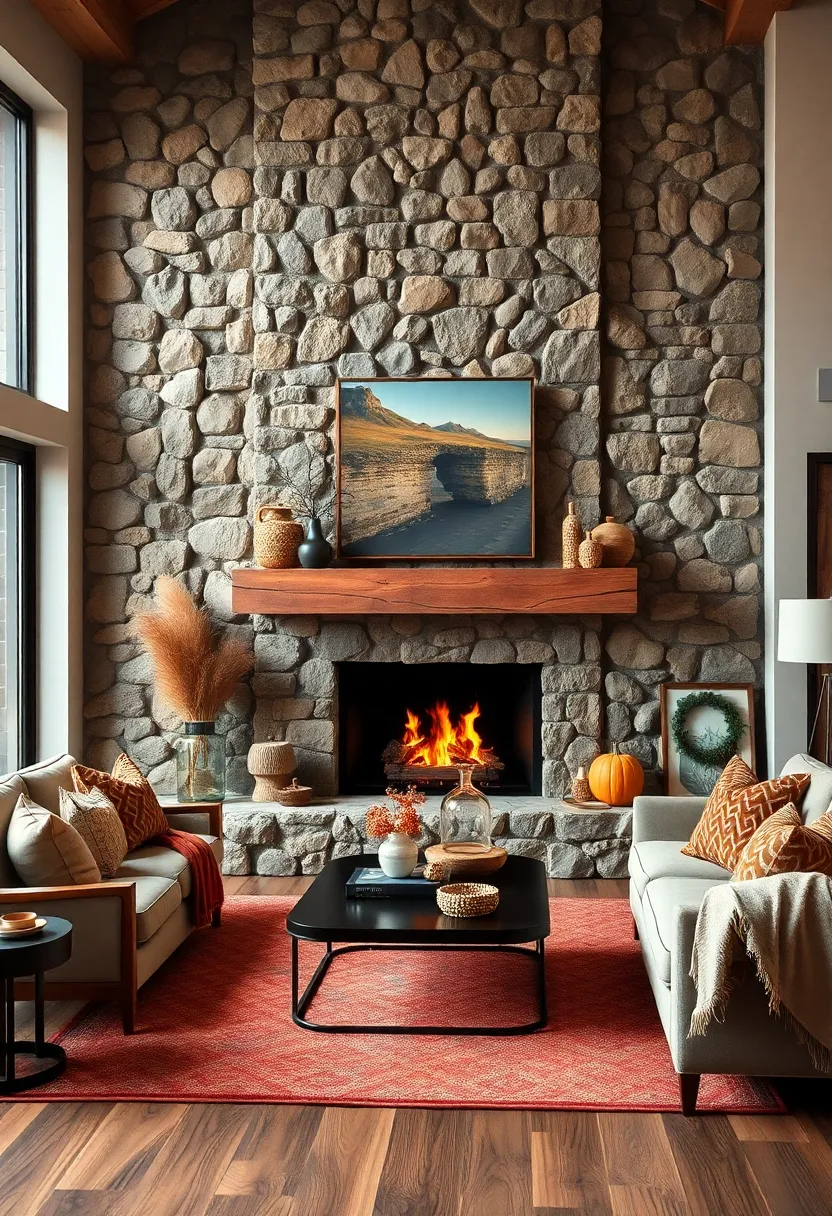 Rustic⁣ Stone Fireplace Surrounds Enhanced ⁤By autumnal Earth Tone Accessories