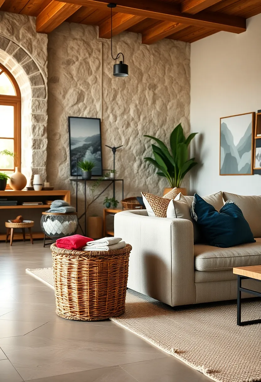 Place a wicker storage basket next to your sofa to keep blankets and magazines handy