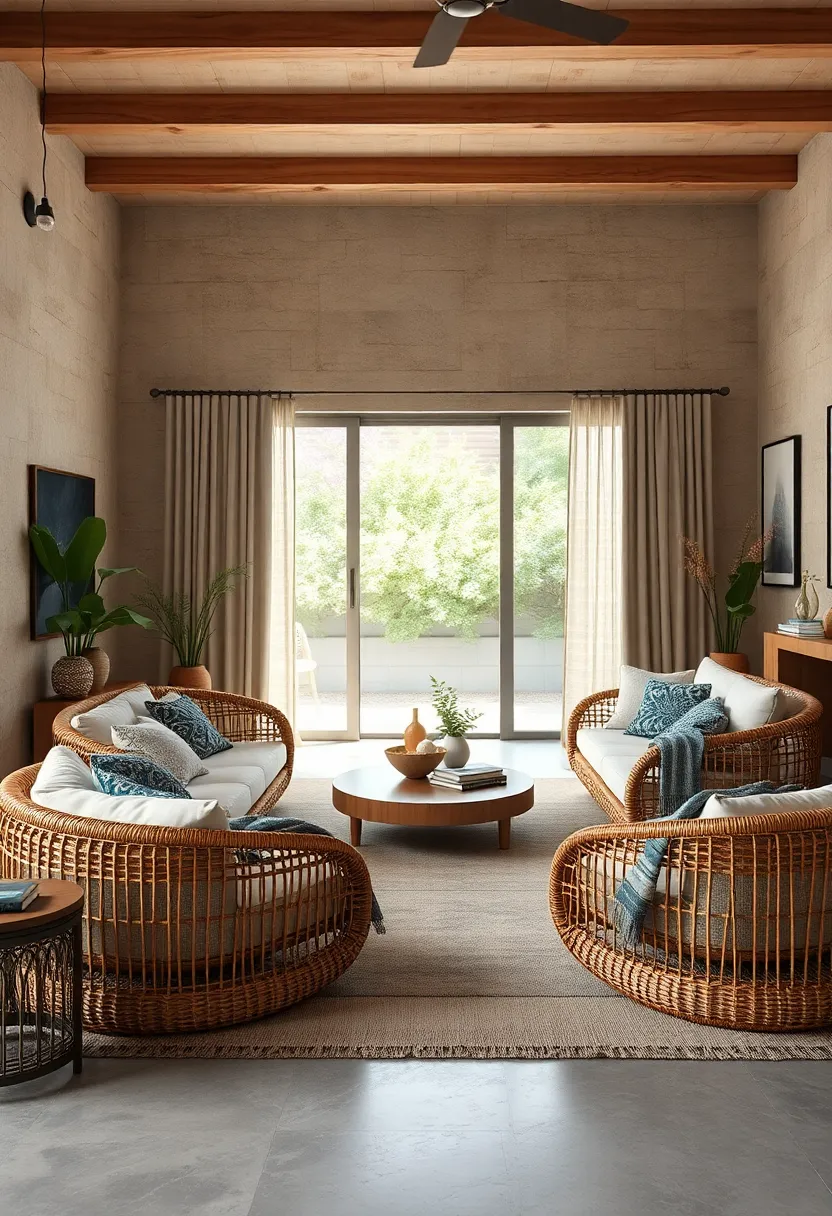 Opt for oversized wicker floor cushions for relaxed and flexible​ seating⁣ options