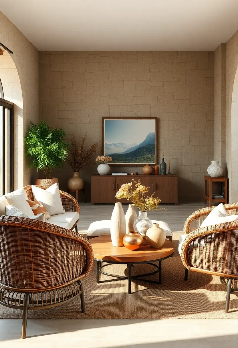 Decorate wicker surfaces with handmade ceramic vases and earthy-toned ⁢pottery