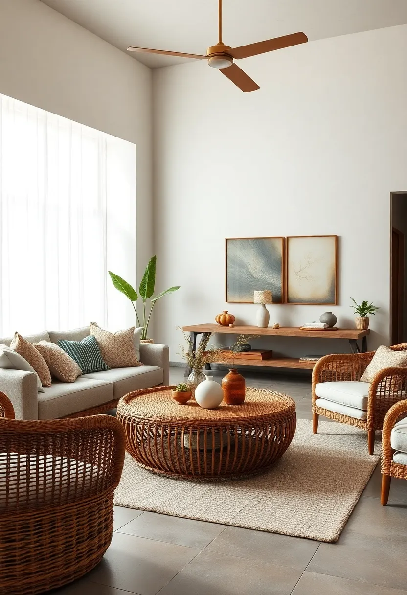 Use a wicker coffee table as the centerpiece to add warmth​ and charm to your living room