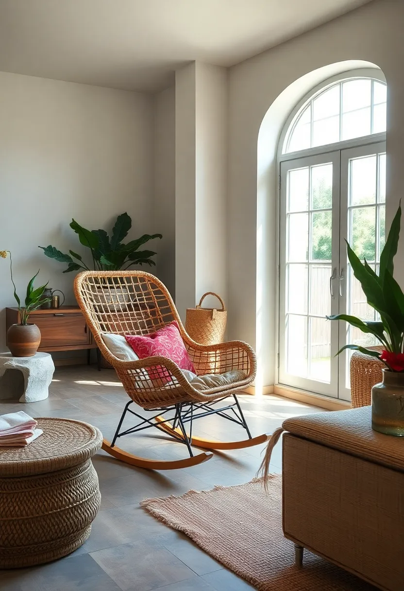 Highlight a wicker rocking ​chair by positioning it near a sunlit window