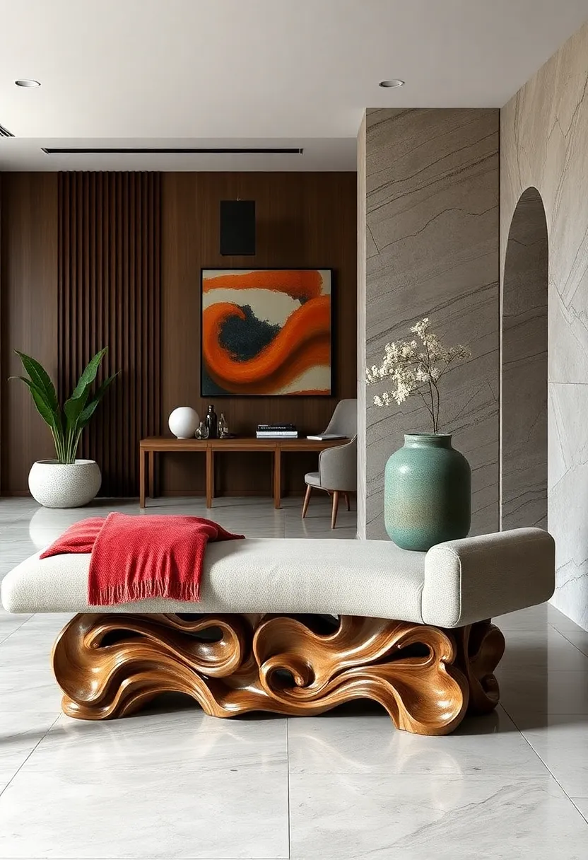 Bench with Sculptural Wooden Base – Artistic ⁤craftsmanship ​shines in this statement bench featuring an intricately carved wood foundation