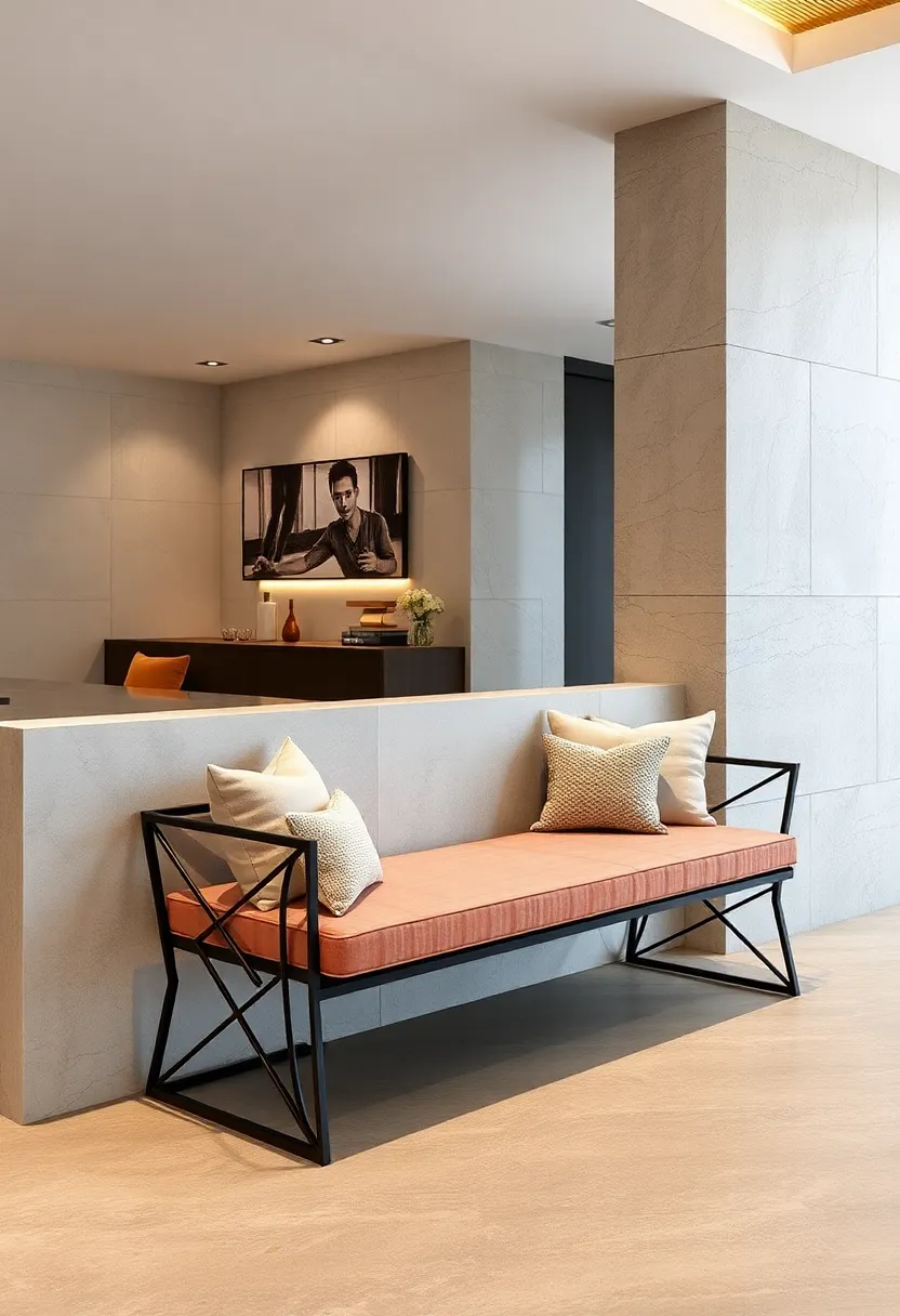 Bench Seating with Geometric Metal Frame – Angular ‍metalwork supports ⁢a cushioned seat for a fresh,contemporary aesthetic