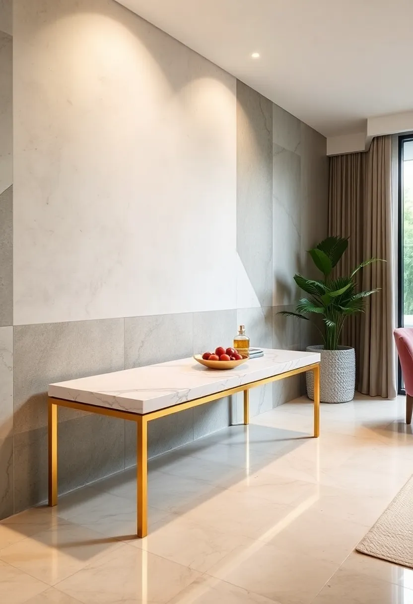 Marble Top bench with Brass Frame – Modern meets opulence in this chic design combining a smooth ‍marble surface with‍ shiny brass legs