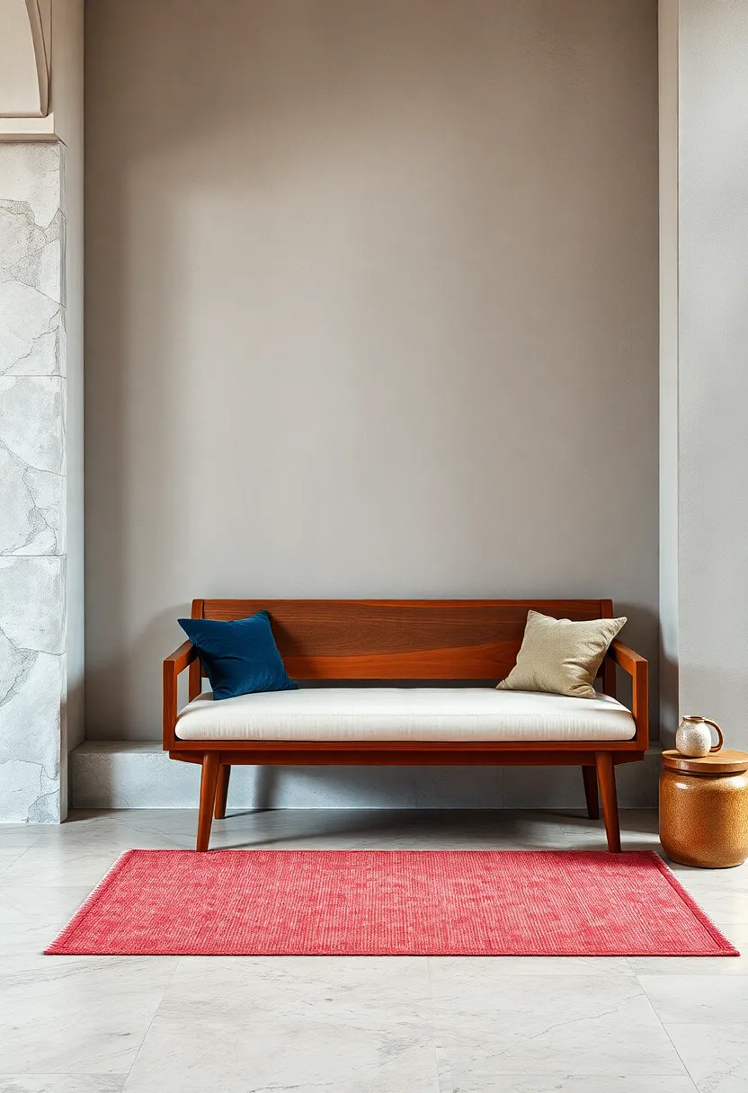 Mid-Century Modern Wooden Bench – Featuring clean lines and rich wood tones, this‍ design offers timeless elegance and warmth to your seating area