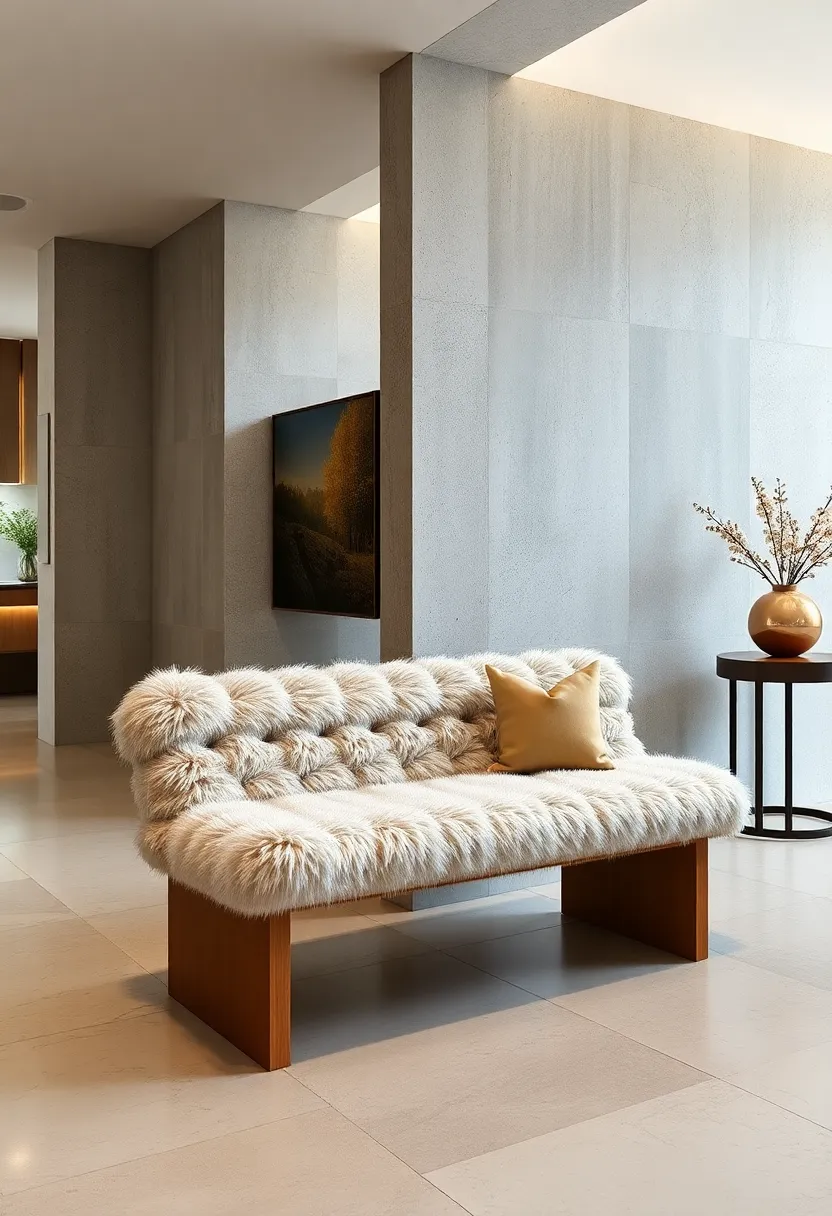 Plush Fuzzy faux Fur Bench – Soft and sumptuous, the faux fur upholstery adds warmth and a touch of whimsy to a modern space