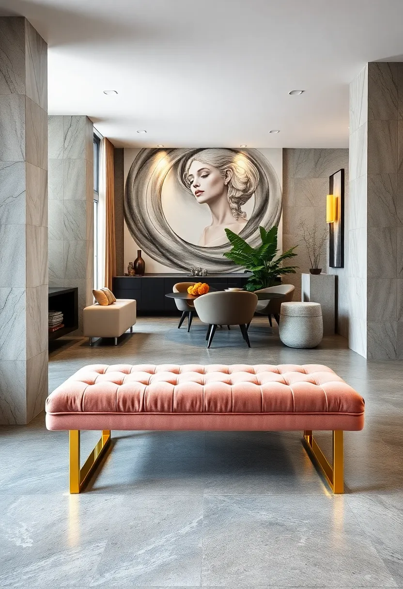 Velvet upholstered Bench with Gold accents – Combining plush​ velvet fabric with sleek gold legs, this bench adds‌ a⁤ touch of glamour and softness to any room