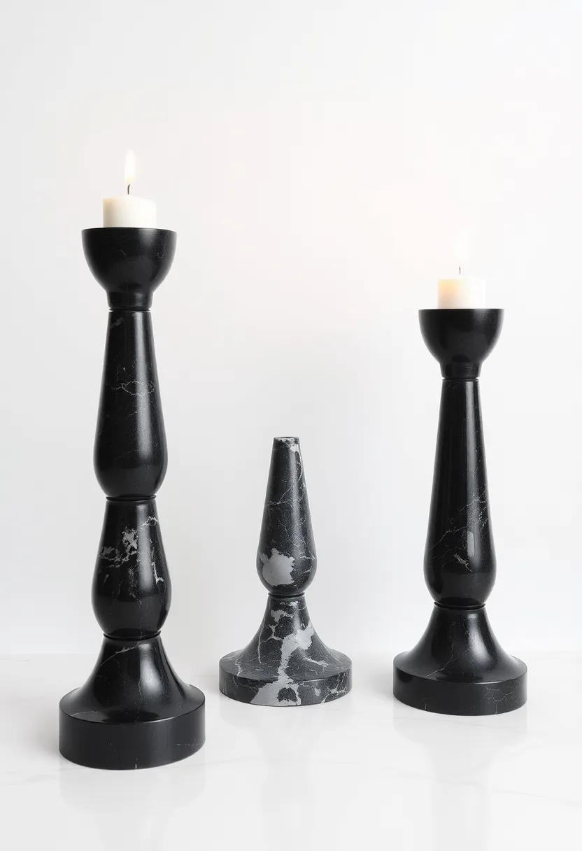 Stylish Black Marble Candle Holders: Infuse ambiance into your space with candle holders that showcase the refined beauty of black marble