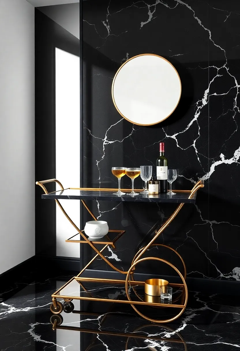 Elegant Black Marble Bar Cart: transform entertaining with a sleek bar cart that embodies luxury and serves drinks with flair