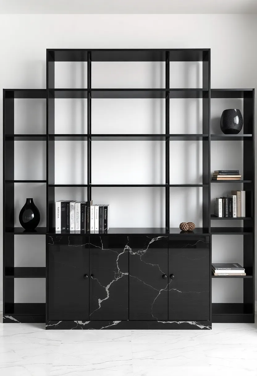 Statement Black Marble Bookcase: Showcase your literary collection with a striking bookcase that doubles as a statement piece in any room