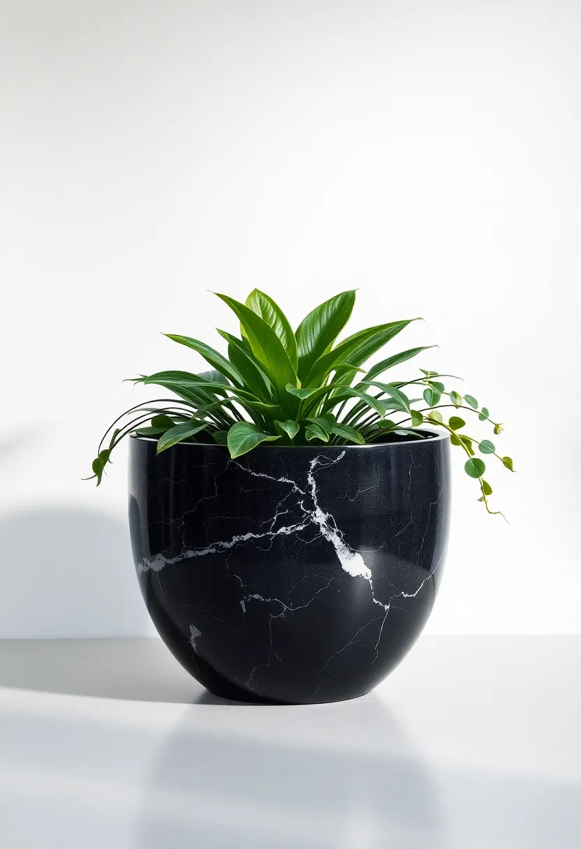Elegant Black Marble Planter: Enhance your greenery display with a sophisticated planter that seamlessly blends nature and luxury