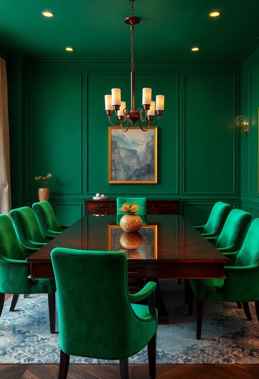 Emerald ‌Green Velvet Chairs Surrounding A Glossy ‌Mahogany Dining Table Bathed In Soft Ambient Lighting