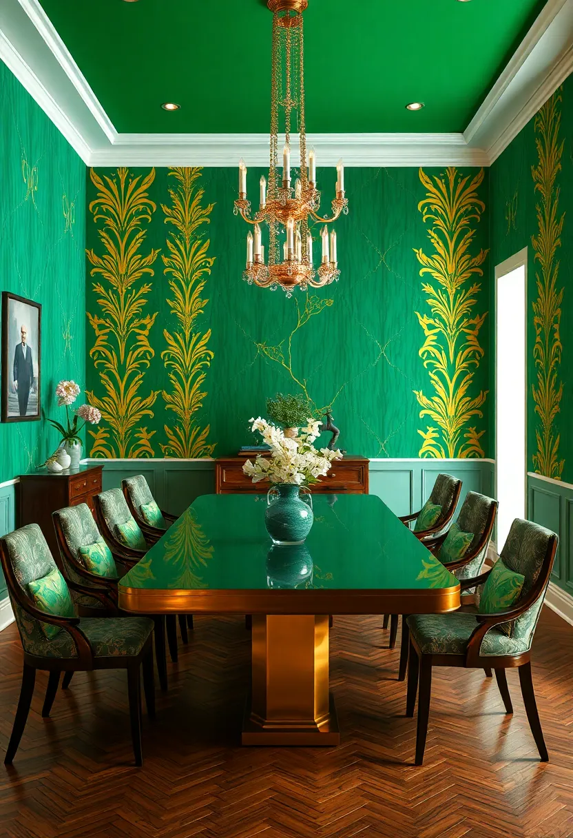 Intricate ⁣Gold Leaf Accents On‍ Emerald-Colored Wallpaper Creating A Rich And opulent Dining Atmosphere