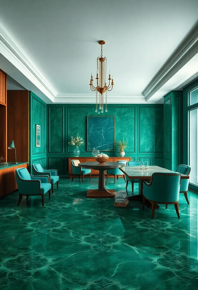 A sophisticated‌ Emerald Marble Floor With Intricate Geometric ‍Patterns Framing Classic Dining Furniture