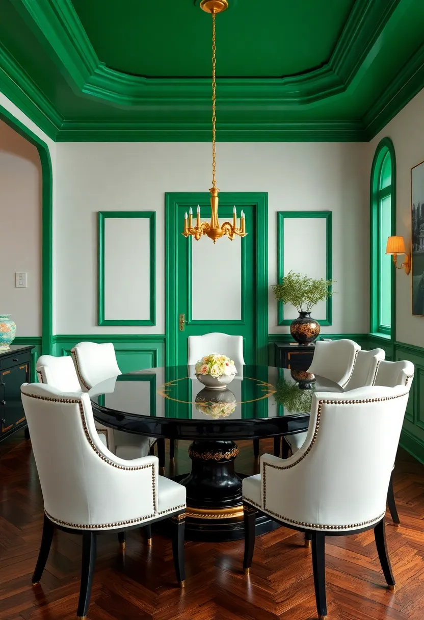 Emerald Accented Trim Along Vintage White Dining chairs Around A‍ Polished Ebony Table With Gold Inlays