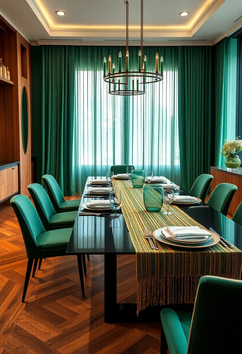 Handwoven‌ Emerald And⁢ Gold Table Runners Draped Over A Dark Glass Dining Table With Layered Place Settings