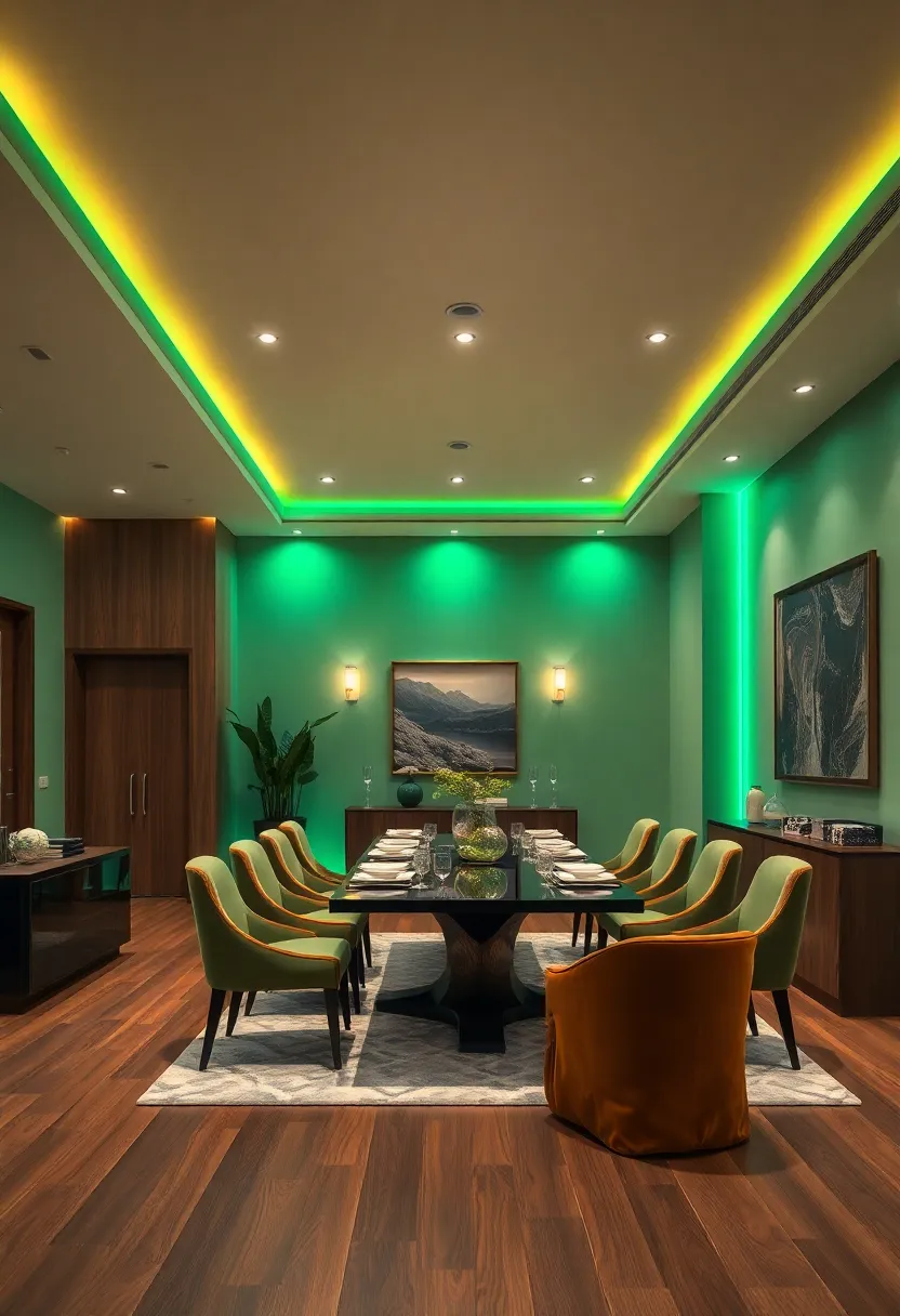 Subtle Emerald Lighting⁢ Glowing From Recessed LED Fixtures Around High-End Dining Area With Velvet ‍Finishes
