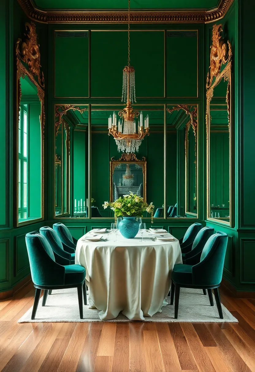 Ornate Mirror Panels With Emerald Tint Reflecting A Luxurious Dining Room With ⁤Soft Velvet Seating