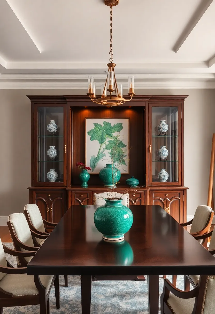 Vintage Emerald Green Chinese Porcelain Vases​ Adorning A Luxurious‌ Dark⁢ Mahogany Display Cabinet