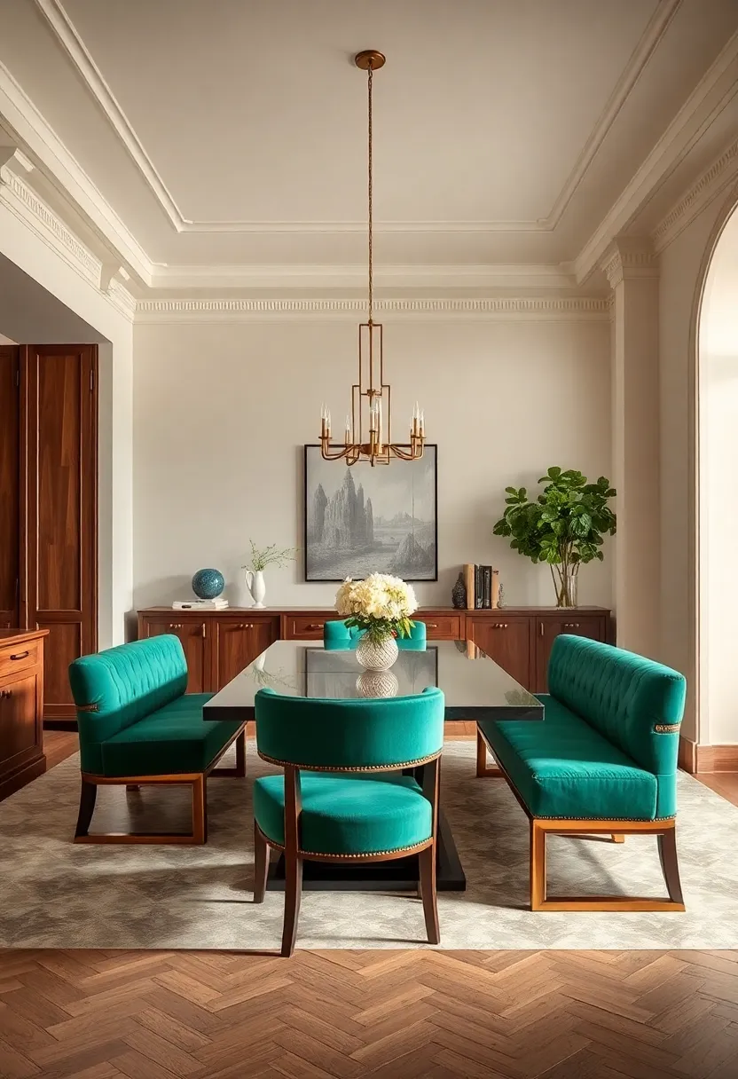 A Luxurious Dining Room With Emerald Upholstered benches And brass ‍Detailing Against Pale Walls