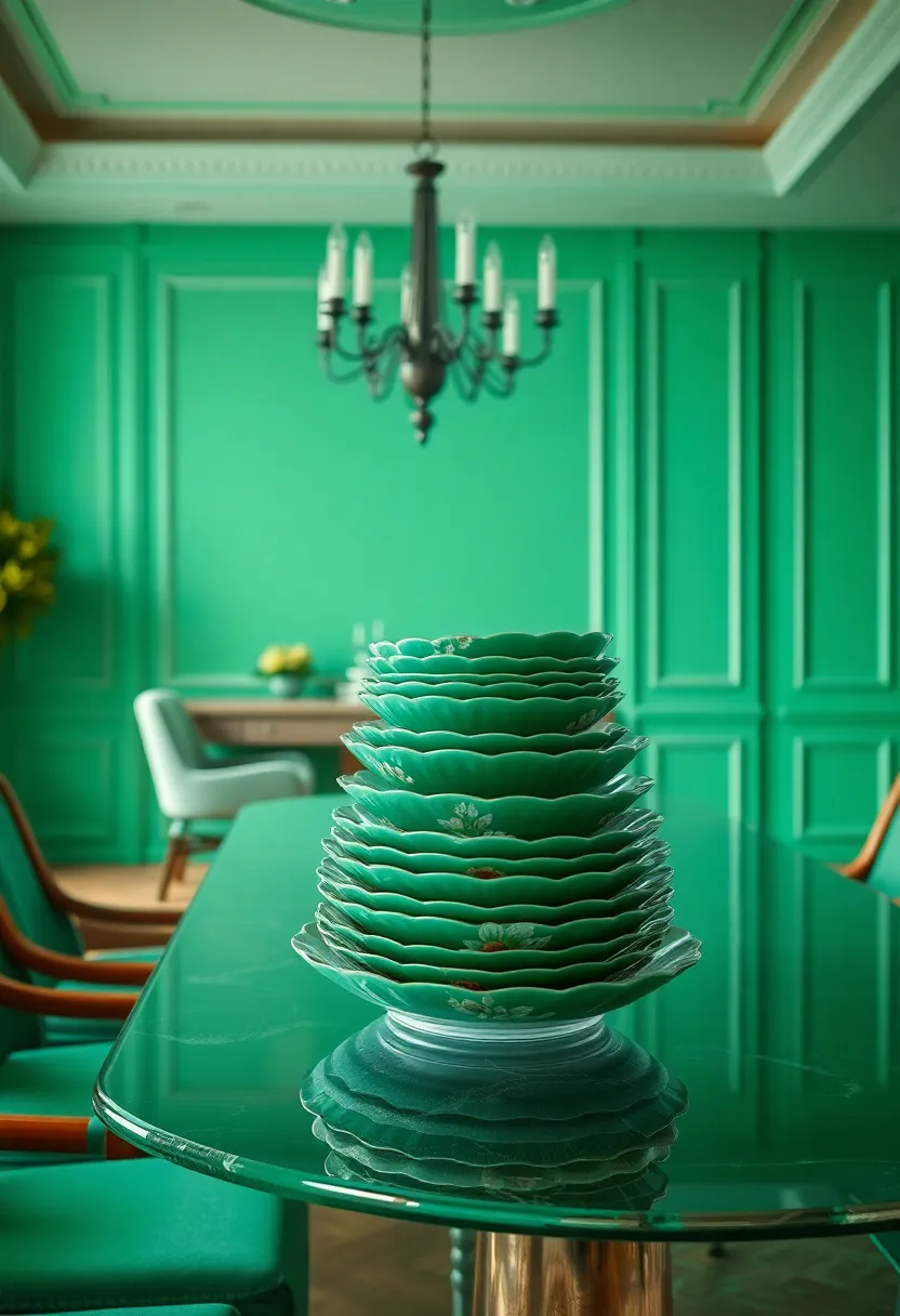 Emerald Hued Porcelain ​dinnerware Stacked Neatly With Delicate Floral Patterns On A Crystal Tabletop