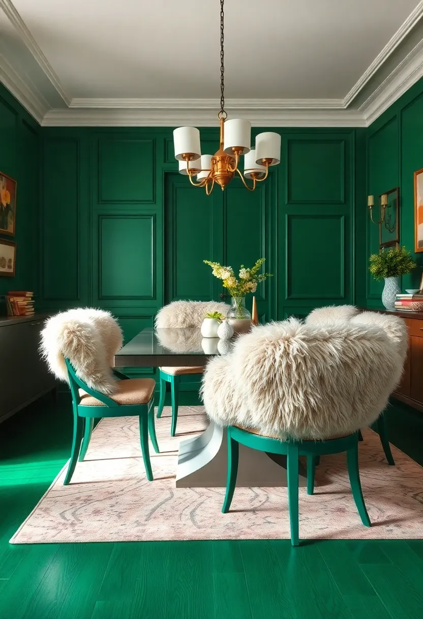 Fluffy​ Ivory Sheepskin Throws Draped Over emerald Painted Dining Chairs In A Contemporary Luxe Space
