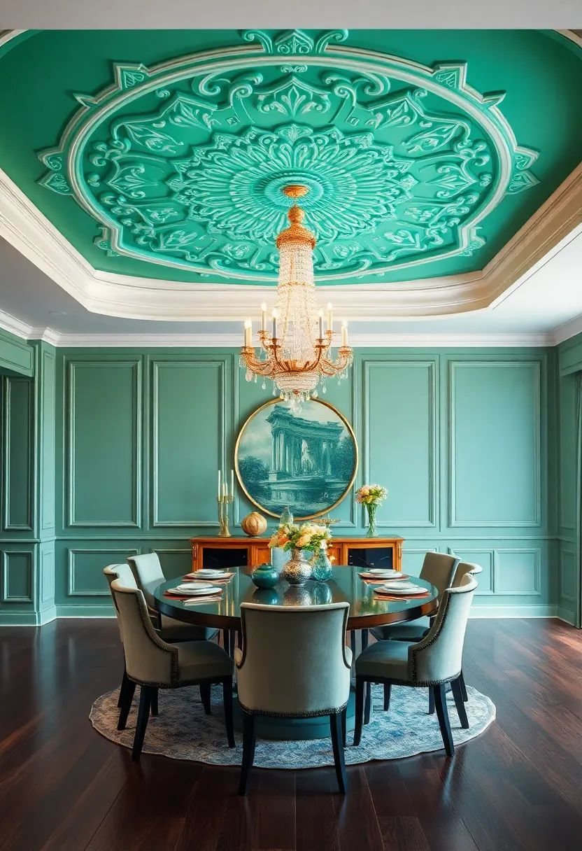 A Soothing Emerald Toned ⁢Ceiling ‍Medallion Highlighted By Ornate Crystal Chandeliers In A Classic Dining Room