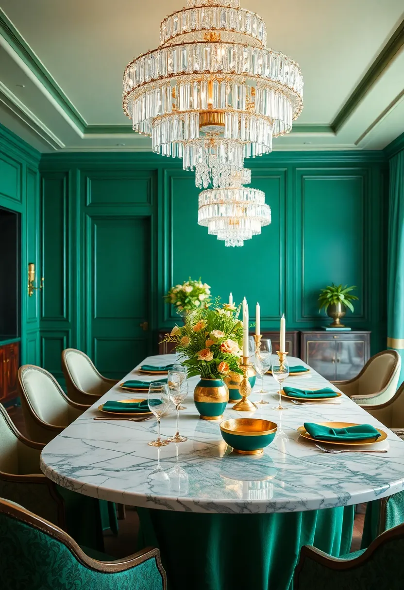 Crystal Chandeliers Reflecting Light Over A Marble Dining Surface​ With Emerald And ⁤Gold Table Decor