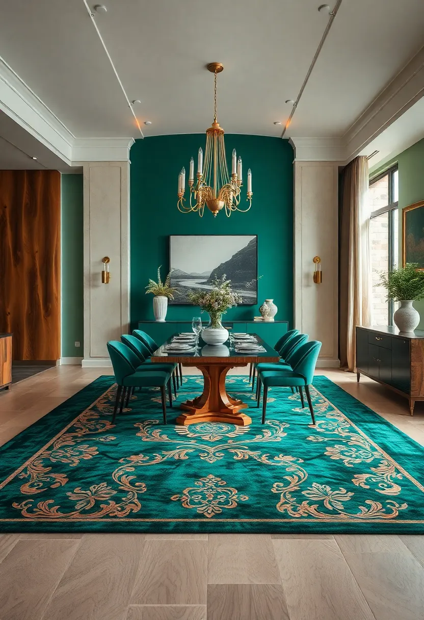 A Statement Emerald ‌Rug With Baroque ‍Patterns Anchoring A Luxurious⁢ Dining Room Setting In Warm Neutrals