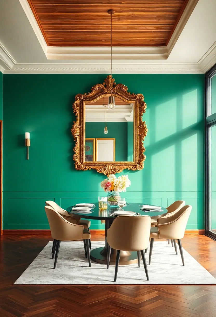 Emerald‍ Colored Accent Wall Featuring ‌An Artistic Gold Frame Mirror Reflecting The Dining Room’s Grandeur