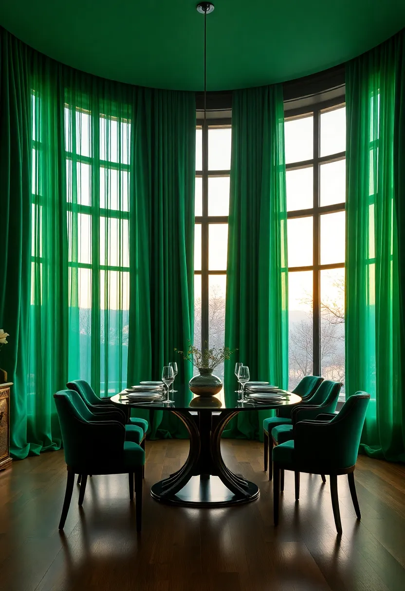 Emerald Silk Draperies Flowing Gracefully Around ⁣Floor-To-Ceiling Windows‌ Illuminated By Twilight