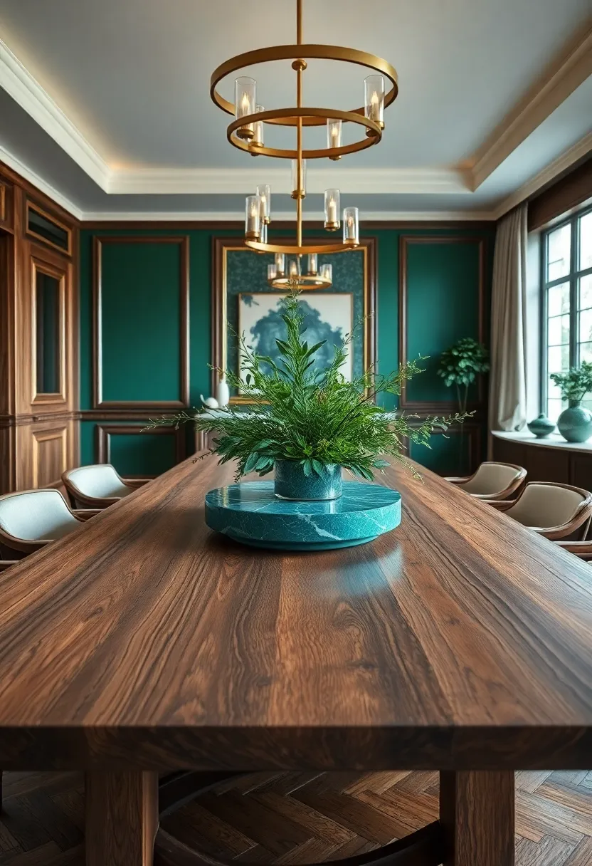 A⁣ Minimalist Emerald Marble Centerpiece With Fresh Greenery Sitting At The Heart Of An ⁣Antique ​Oak Table