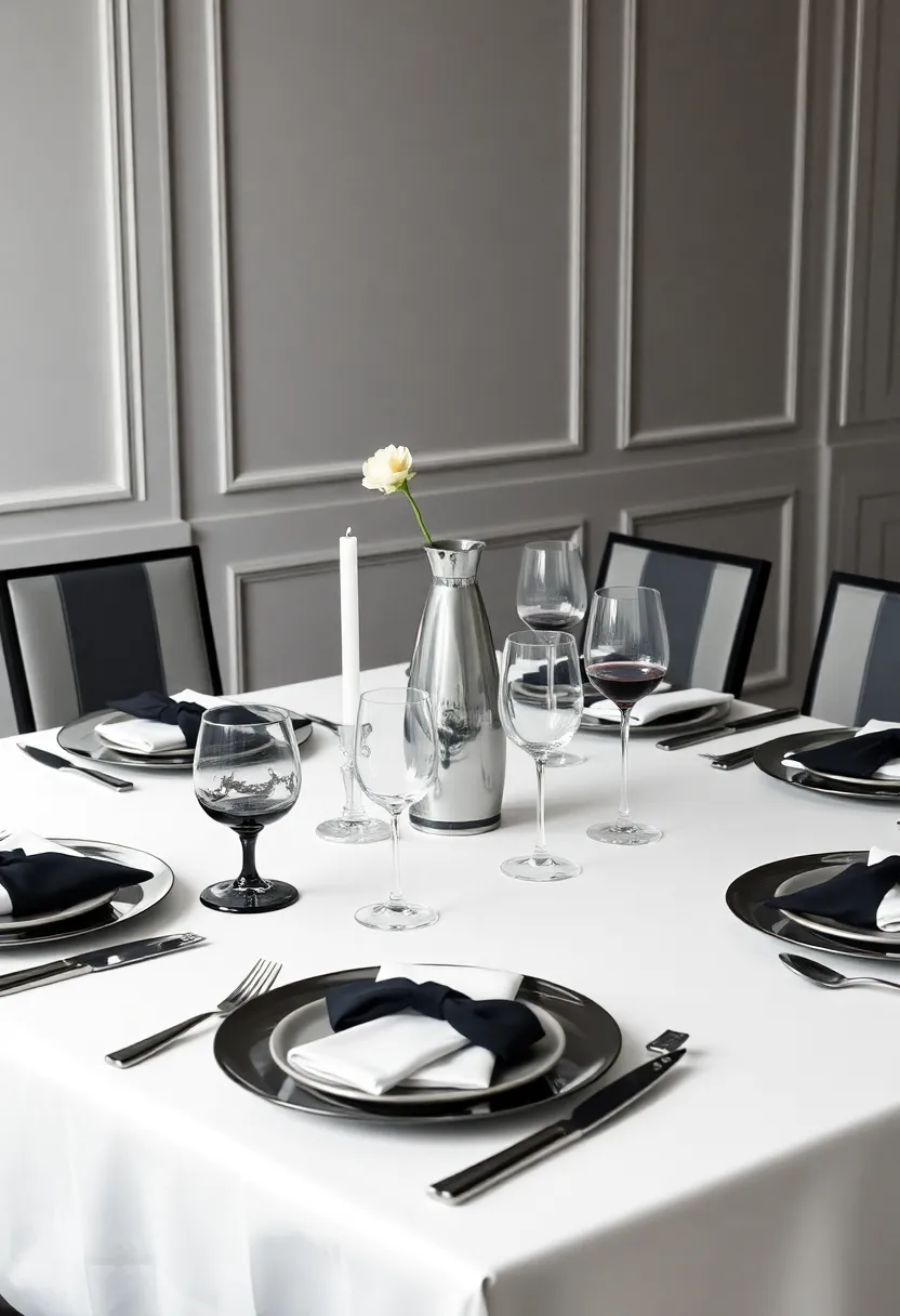 Black Tie Elegance: Set the stage for an upscale gathering with crisp white table linens, sleek black accents, and polished silverware that reflect the grace of a formal affair
