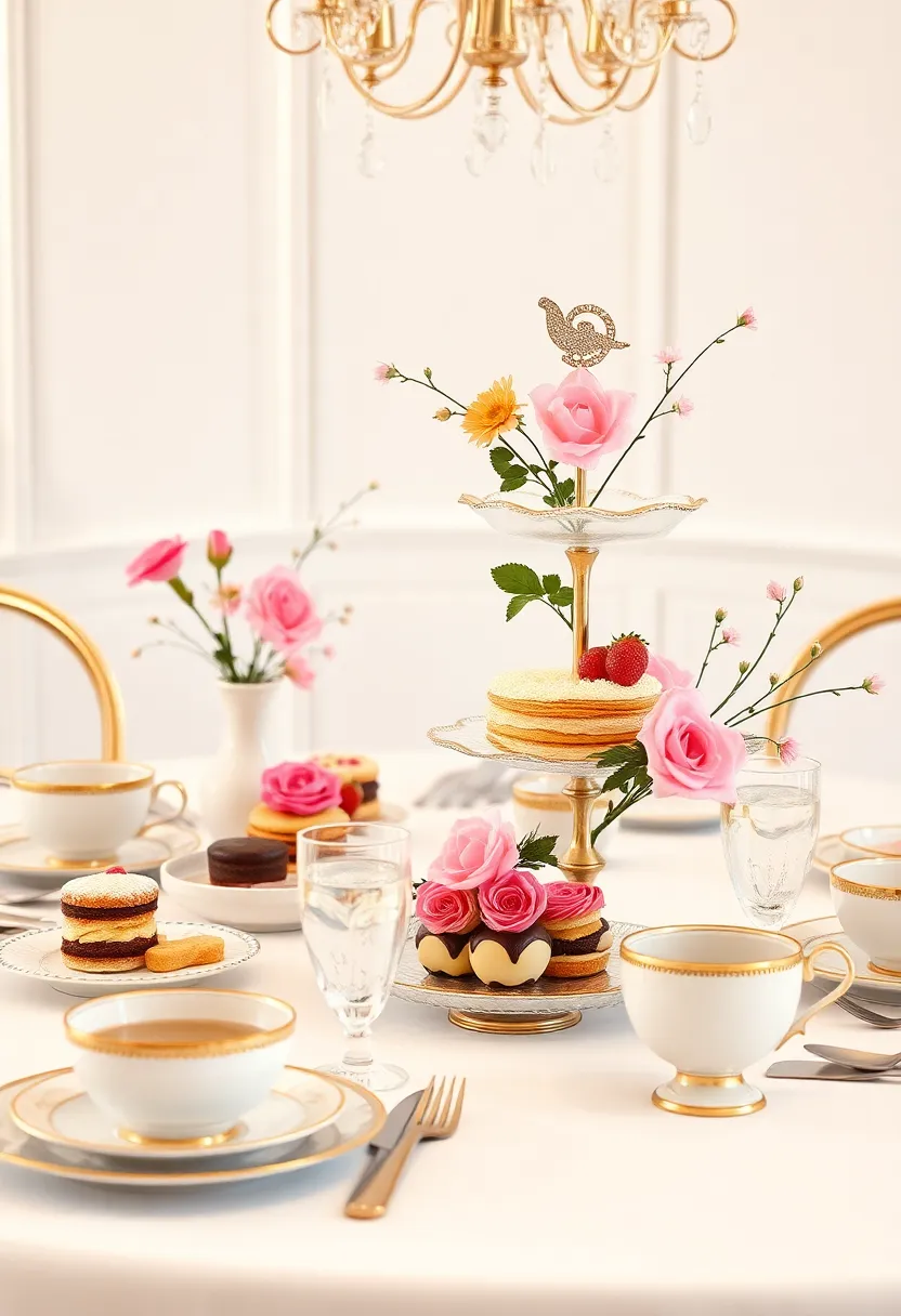 Elegant Afternoon Tea: Step beyond dinner with a whimsical tea setting featuring fine china,layered pastries,and delicate floral displays for a charming afternoon gathering