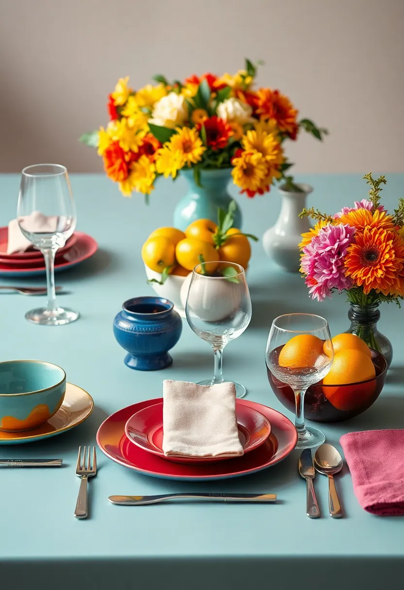Fresh and Fruity: add bursts of color and freshness to your setting with vibrant fruit arrangements,floral accents,and colorful dinnerware that bring vibrance to the table