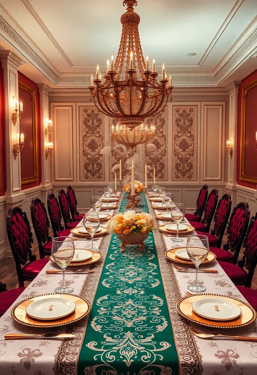 Grand Banquet Style: Design your table like a royal feast with long,lavish table runners,elaborate centerpieces,and an array of extravagant plates and goblets for a truly majestic experience