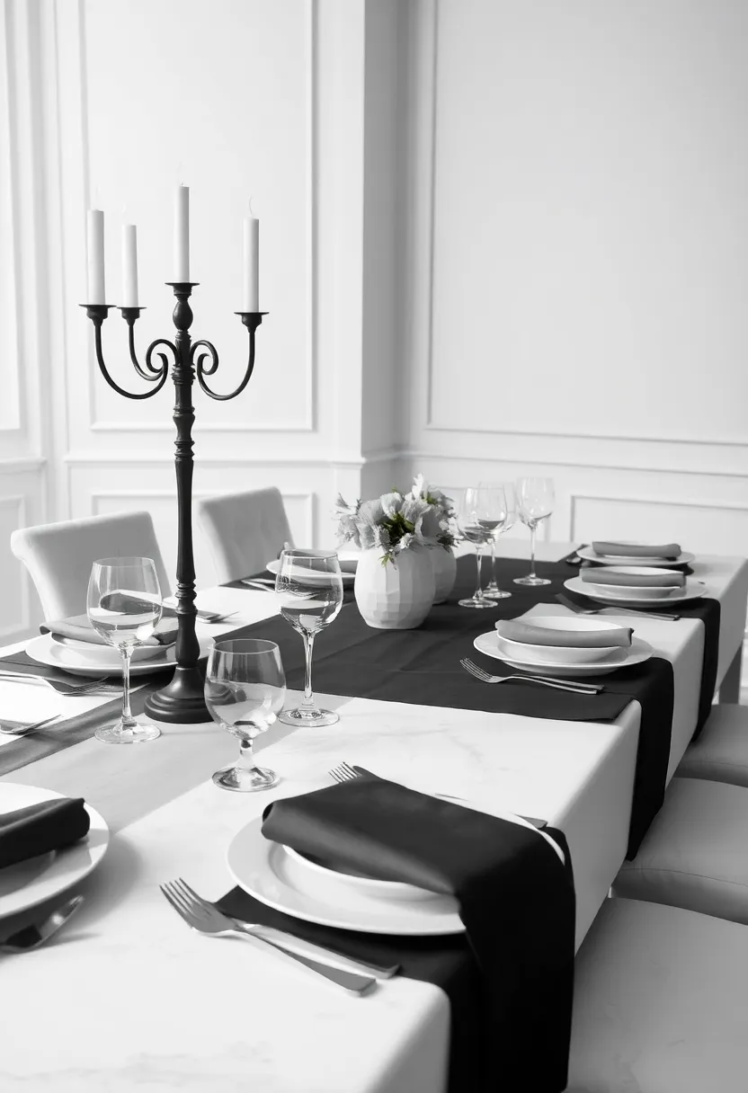 Monochrome Magic: Create a stunning visual feast with a black-and-white palette, using sleek table runners, bold dinnerware, and dramatic candelabras that bring a modern touch to classic elegance