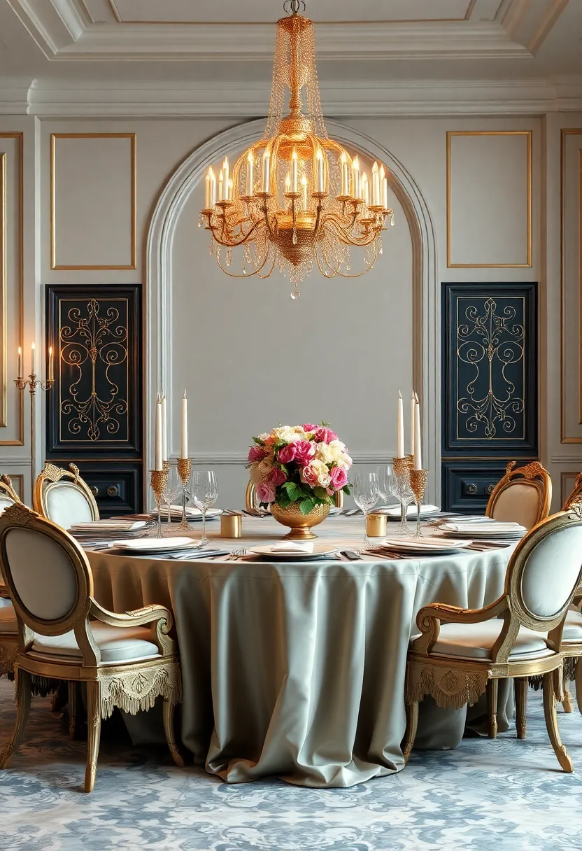 Noble Heritage: Design a regal table setting influenced by aristocratic styles, featuring rich fabrics, gold leaf decorations, and intricate centerpieces that evoke royalty