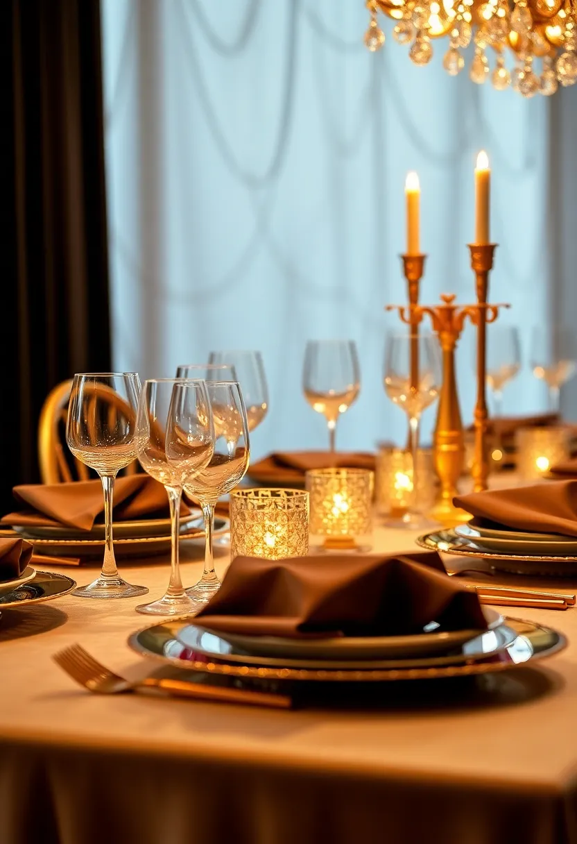 An Opulent Gold and Crystal Affair: Transform your table with sparkling crystal glassware and shimmering gold accents that catch the eye and elevate the dining experience