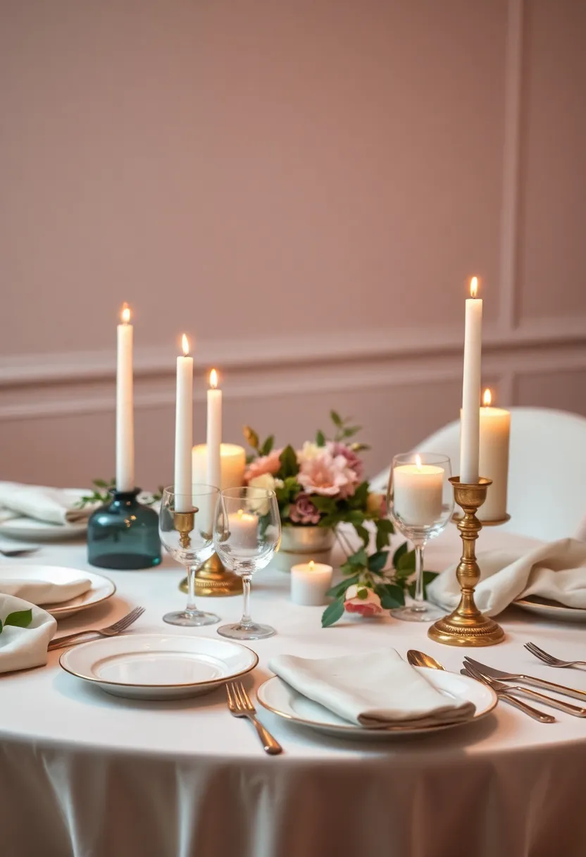 Romantic Candlelit Setting: Set an intimate mood with an abundance of candles, soft textiles, and delicate dinnerware that create an enchanting and cozy dining experience