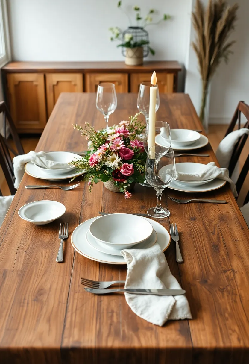 Rustic Charm with a Touch of Elegance: Imagine a wooden table set with fine china, complemented by wildflower centerpieces and organic linens for a cozy yet sophisticated vibe