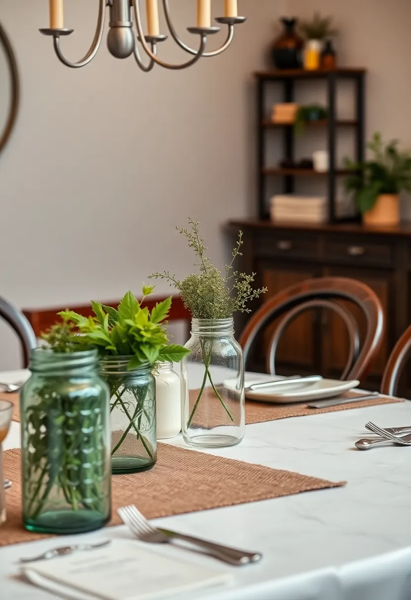 Rustic Farmhouse Chic: Combine charm and sophistication using burlap table runners, fresh herbs, and mason jar centerpieces to create a warm, welcoming atmosphere